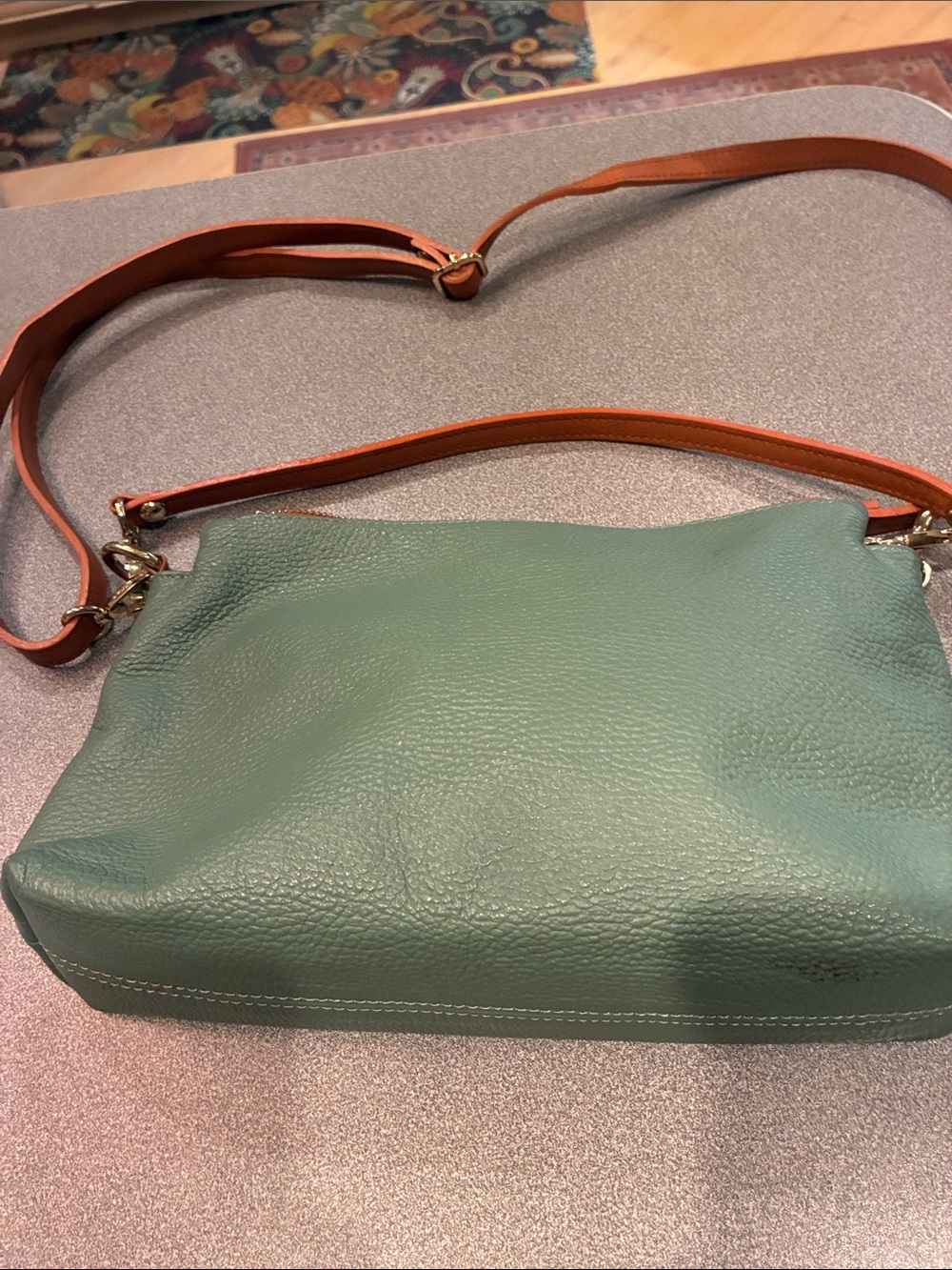 Valentina Teal Green Pebbled Leather Crossbody with Brown Strap